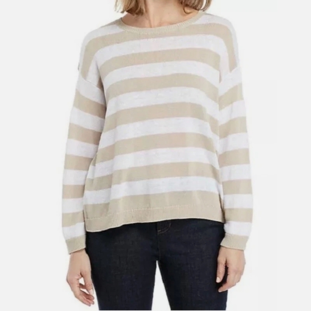 EILEEN FISHER LINEN SILK COTTON BLEND STRIPE BOX SWEATER SZ M